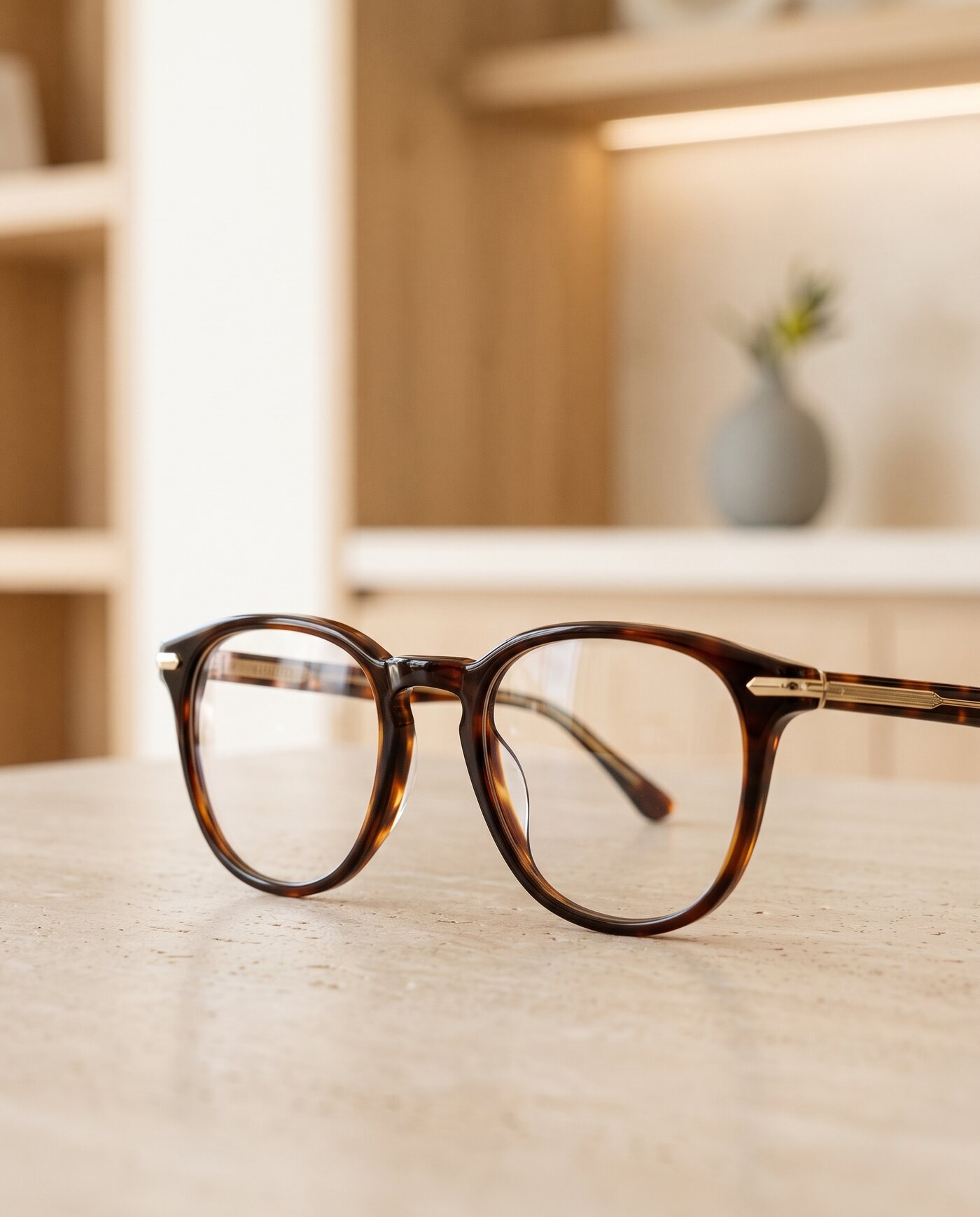 Focal Optik mağazasında ahşap tezgâh üzerinde gözlük çerçevesi